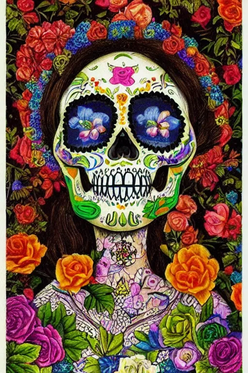 Image similar to illustration of a sugar skull day of the dead girl, art by raqib shaw