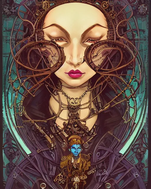 Image similar to a detailed portrait illustration of a steampunk necromancer. beautiful obese female face. art nouveau, pop art, comic book style. influenced by neil gaiman, h. p. lovecraft, dan mumford, karol bak, vadim voitekhovitch, killian eng, ross tran, cedric peyravernay.