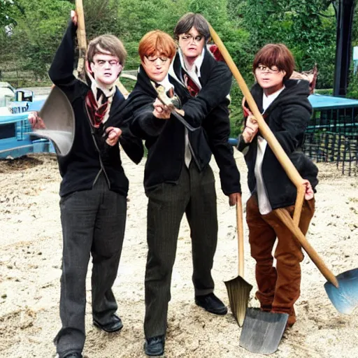 Prompt: harry potter that slap a ron with a shovel wesley