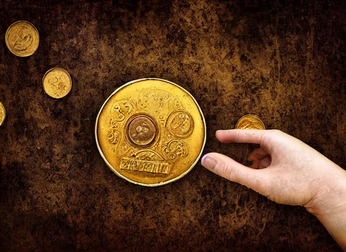 Image similar to old retro burnt out sepia photograph with scratches of an old and wrinkled hand holding a few golden coins with royal engravings. magical forest in the background with bokeh. Antique. High quality 8k. Intricate. Sony a7r iv 35mm. Award winning. Zdzislaw beksinski style