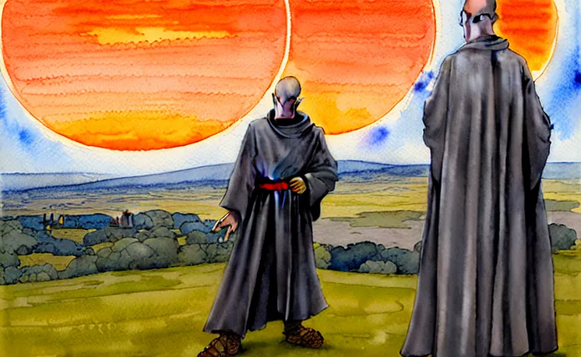 Prompt: a hyperrealist watercolor concept art of a medieval monk in grey robes with an orange sunset sky. in the background is a time portal acting as a window to a different world showing a bright blue sky. very muted colors, by rebecca guay, michael kaluta, charles vess. high detail, hq, wide shot, 4 k