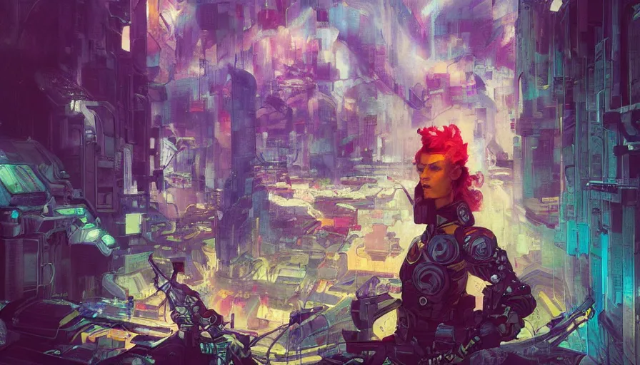 Prompt: psychedelic cyberpunk stylish woman soldier in a dark complex scifi vast detailed city, allegorical style, by peter mohrbacher, jeremy mann, francoise nielly, van gogh, ross tran, beautiful, award winning scenery