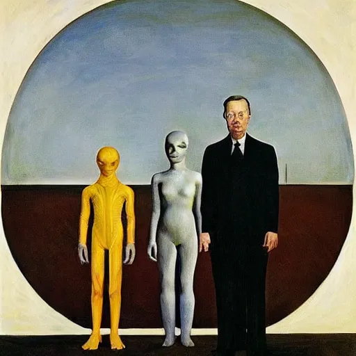 Prompt: a family portrait of alien cyborgs, by andrew wyeth, hilma af klint, rene magritte, grant wood