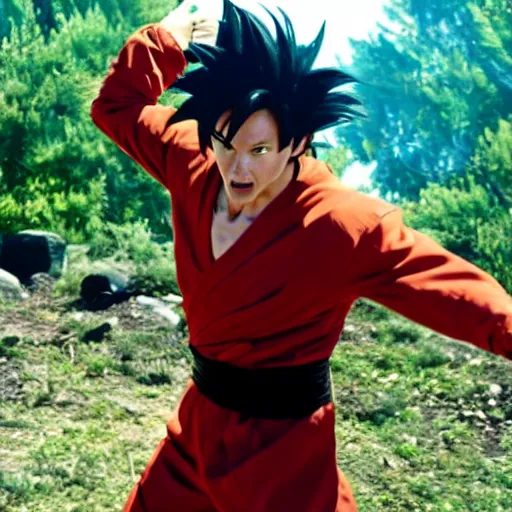 Image similar to photo of keanu reeves as goku in live action dragon ball z movie, cinematic movie still, 8 k hdr