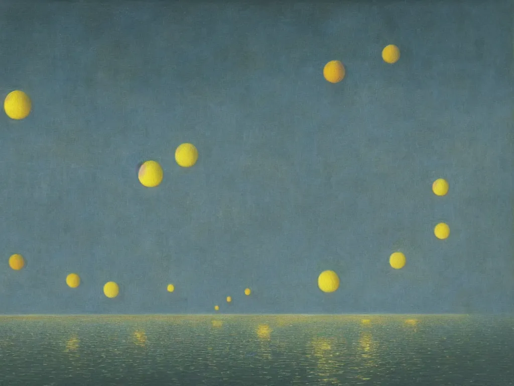 Image similar to bioluminescent spheres floating in row to infinity above the dark waters. painting by agnes pelton, max ernst, rene magritte, bosch.