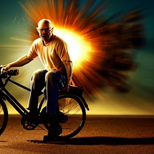 Image similar to photo of walter white riding a bike with an exploding car behind him, color, cinematic lighting