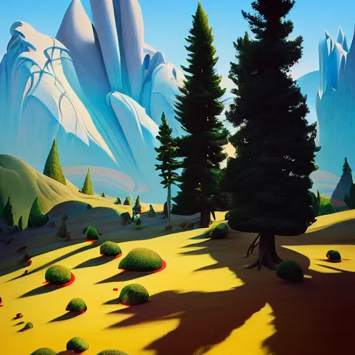 Prompt: pop - surrealist mountains painting, octane render, unreal engine, trees and pines everywhere, very nice pastel colors, lights and shadows, glowing hot sun, very coherent, houdini algorithmic generative art, painted by edward hopper, wayne barlowe, painted by james gilleard, airbrush, art by jamesjean