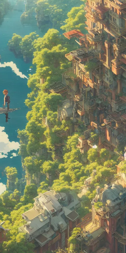 Image similar to highly detailed vfx panoramic landscape of studio ghibli, stephen bliss, unreal engine, greg rutkowski, loish, rhads, beeple, makoto shinkai and lois van baarle, ilya kuvshinov, rossdraws, tom bagshaw, alphonse mucha, global illumination, detailed and intricate environment