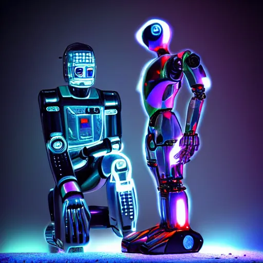 Image similar to humans on their knees worship robot king , cybertronic , LEDs , rim lighting , realistic , 4k , HD , photograph