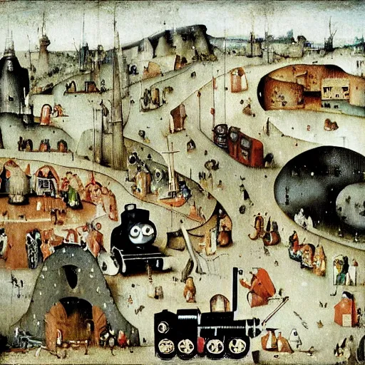 Image similar to thomas the tank engine as painted by hieronymus bosch