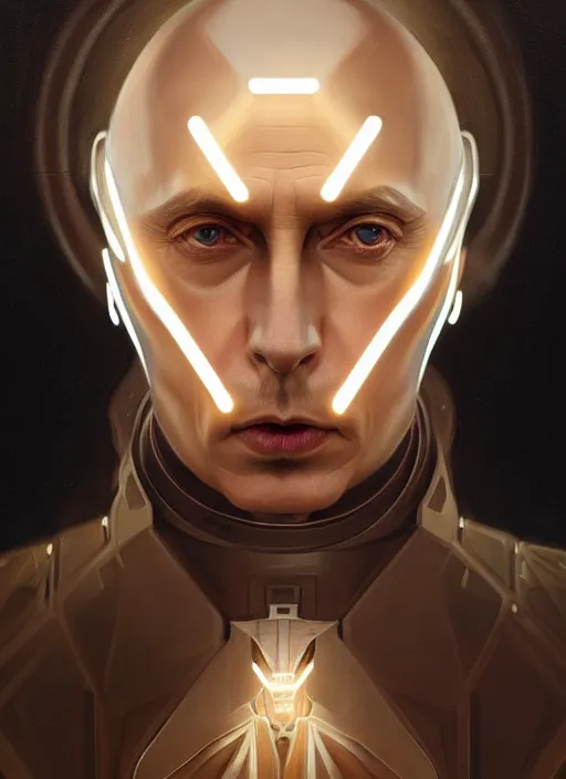 Image similar to symmetry portrait of a person who looks like vladimir putin, sci - fi, tech wear, glowing lights intricate, elegant, highly detailed, digital painting, artstation, concept art, smooth, sharp focus, illustration, art by artgerm and greg rutkowski and alphonse mucha