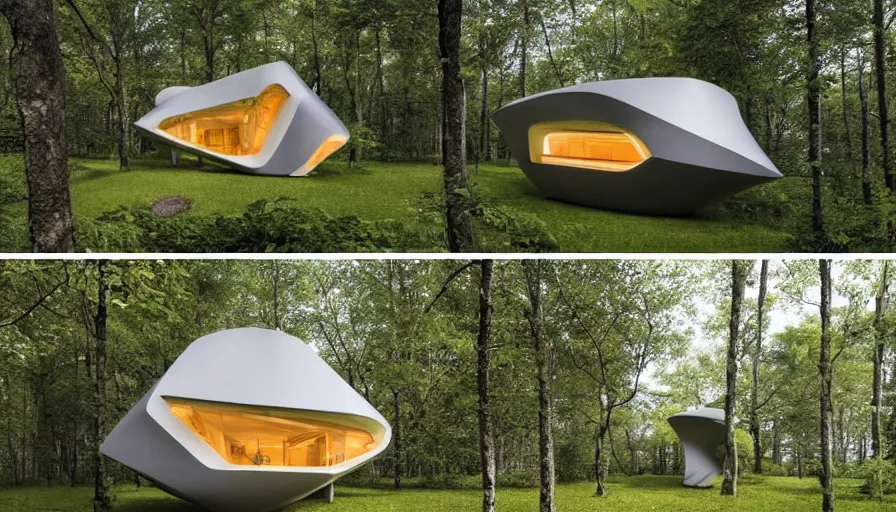 Image similar to A unique innovative and contemporary creative cabin in a lush green forest with soft rounded corners and angles, 3D printed line texture, made of cement, connected by sidewalks, public space, and a park, Design and style by Zaha Hadid, Wes Anderson and Gucci