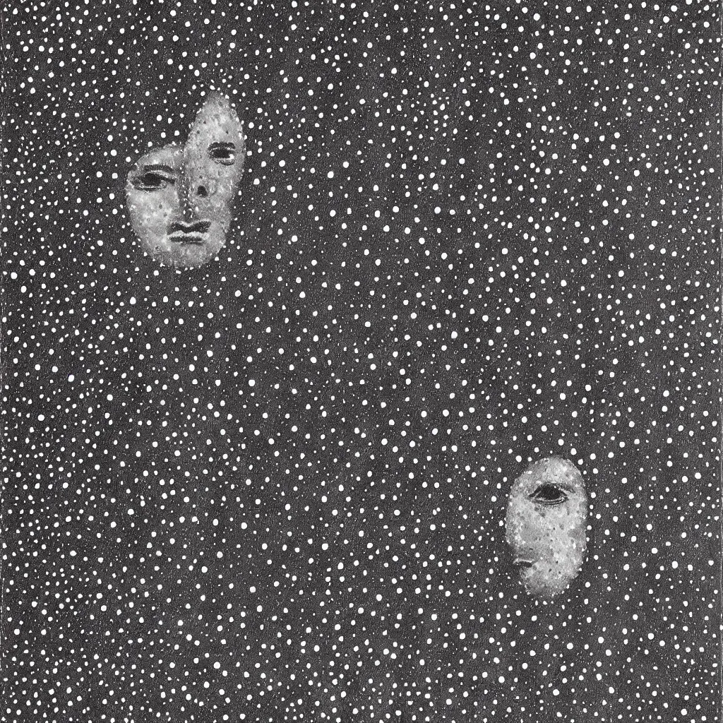 Image similar to face made out of planet, faceless people dark, dots, drip, stipple, pointillism, technical, abstract, minimal, style of francis bacon, asymmetry, pulled apart, cloak, hooded figure