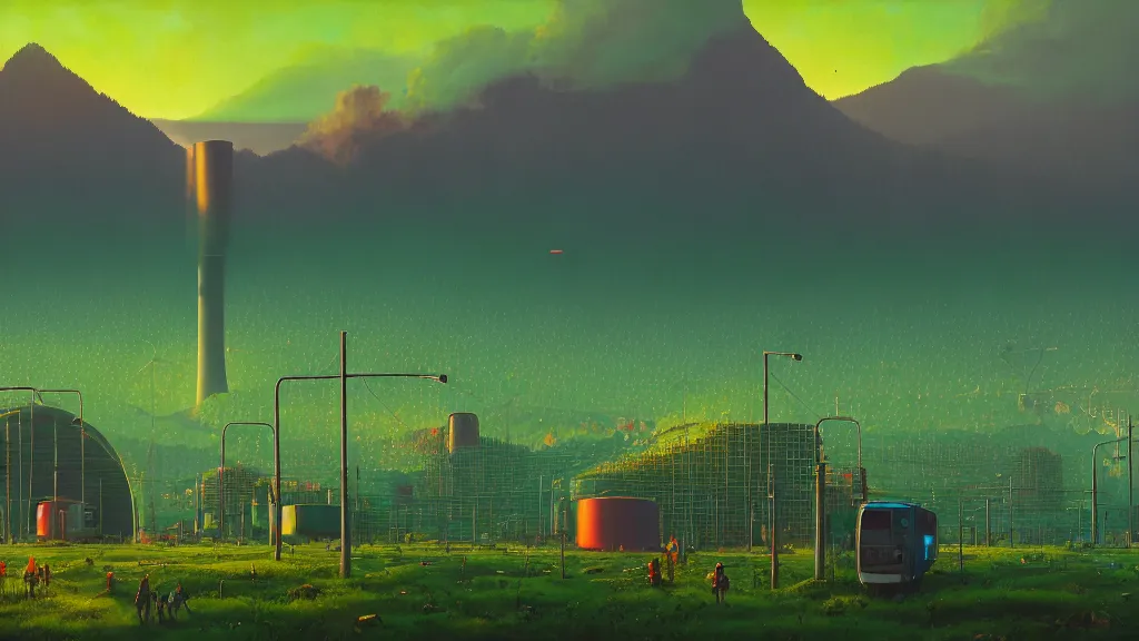 Image similar to Nuclear Nature Solarpunk harmony; the mountains and city are towered over by giant nuclear power plants covered with foliage; by Oswaldo Moncayo; by Simon Stålenhag, oil on canvas; Art Direction by James Cameron; Location: Quito Ecuador 4K, 8K; Ultra-Realistic Depth Shading