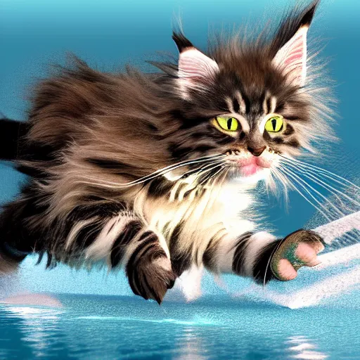 Image similar to Maine coon kitten is a Water skiing champion, action shot. 3D render