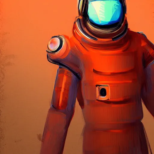 Image similar to Concept character art, man wearing scifi robotic space suit, red and orange, digital art