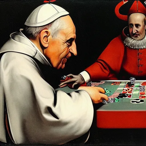 Image similar to the pope playing poker with satan, by velazquez