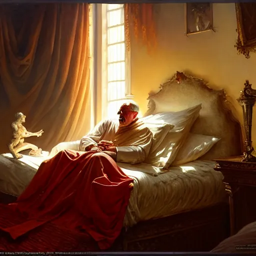 Image similar to the pope is in his bed, sweating, nervous and terrified, because a double horned shadow demon from hell lurks in the wall of the bedroom. highly detailed painting by gaston bussiere, j. c. leyendecker, greg rutkowski, craig mullins 8 k