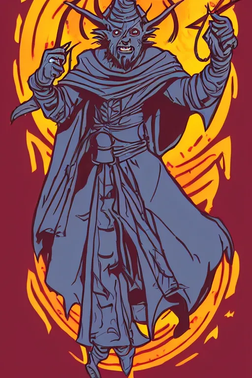 Image similar to Portrait of a devil that is a wizard casting a spell , wizard, medieval, sticker, colorful, casting epic spell, magic the gathering artwork, D&D, fantasy, artstation, heroic pose, illustration, highly detailed, simple, smooth and clean vector curves, no jagged lines, vector art, smooth