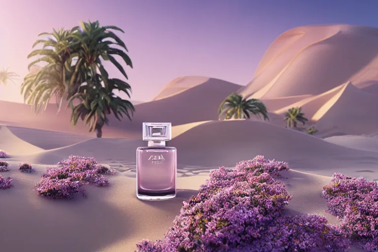 Image similar to perfume bottle buried in zen oasis hotspring by peter tarka in the middle of a desert with little flowers, soft lilac skies, silky smooth, dramatic, mid day, sand dune background, large scale, wind - swept, lots of detail, realistic lighting, octane render, by wlop, artgerm, trending on artstation