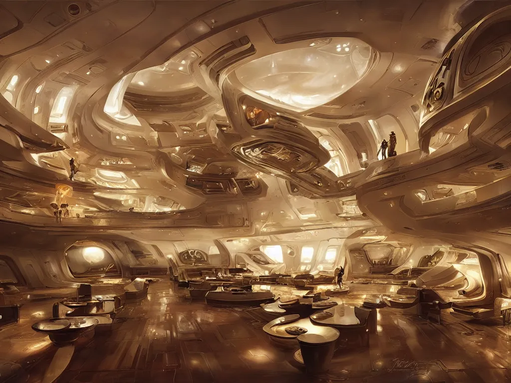 Image similar to a beautiful view of the elegant interior of an exclusive luxury starship hotel. art by alejandro burdisio and markus vogt and james paick, science fiction, interior design, set design, concept art, hyperrealism