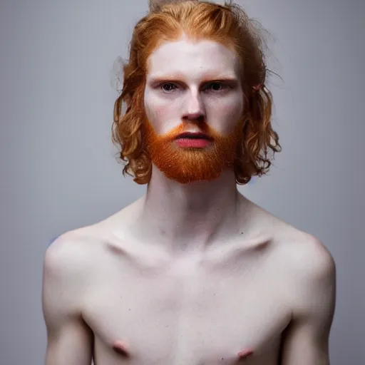 Image similar to color portrait of a very pale ginger male model by emmanuel lubezki