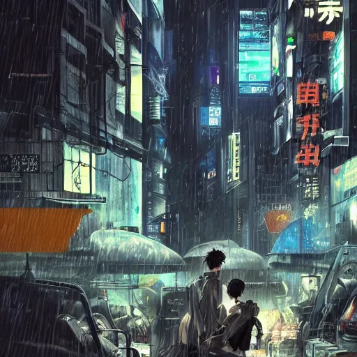 Image similar to mechanical android in overcrowded urban dystopia bustling city raining makoto shinkai