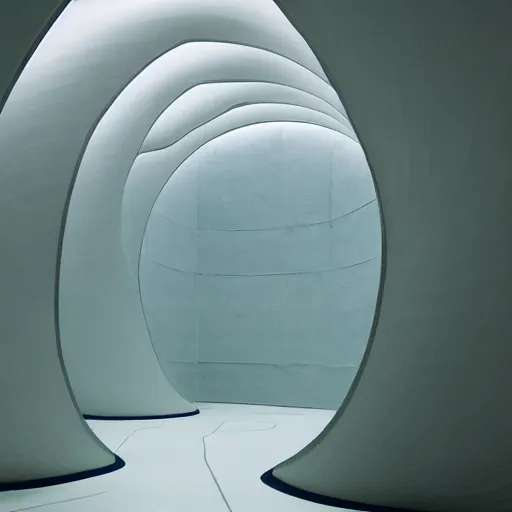 Image similar to a large room with surreal minimalist architecture, partially flooded by blue green water, liminal space, made of all white ceramic tiles, surreal, curving hallways, rounded ceiling, stairs,