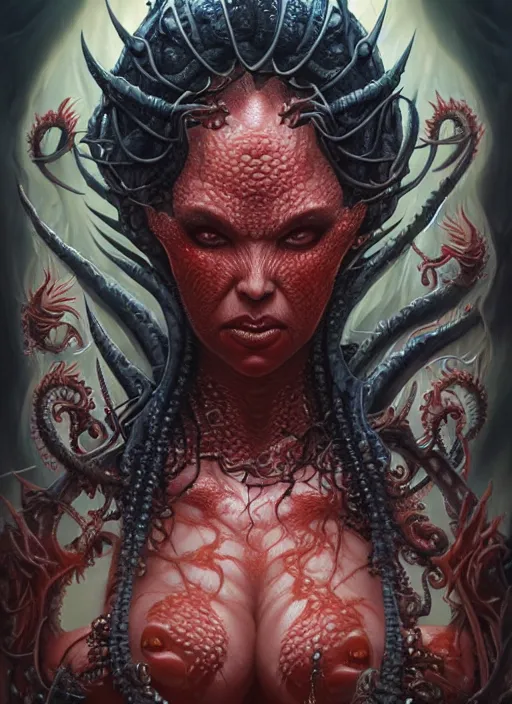Prompt: a hyper detailed face portrait of the queen of blades, diablo 4 lilith, sideshow figurines, cthulu, by yusuke murata, by hiroya oku, by dorian cleavenger, by tom bagshaw, by zdzisław beksinski, trending on artstation