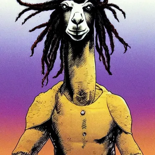 Prompt: llama with dreadlocks, heroic pose, by Katsuhiro Otomo, with beautiful colors