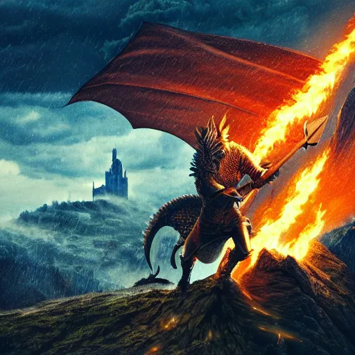 Prompt: a knight with sword leaping on a dragons back as the dragon breathes fire and inflames the ground beneath him, smoke everywhere with castle in distance, stormy, raining, 4 k, hd, realistic