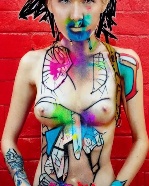 Prompt: free style graffiti on a cool girl body that says left