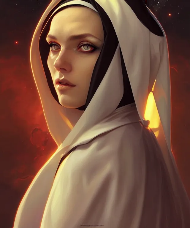 Image similar to futuristic nun woman portrait, sci-fi, amber eyes, face, long hair, fantasy, intricate, elegant, highly detailed, digital painting, artstation, concept art, smooth, sharp focus, illustration, art by artgerm and greg rutkowski and alphonse mucha