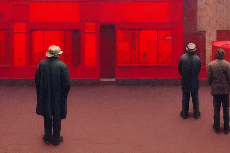 Image similar to only with red, a red old man try to sell a portrait, crowd cheering, in a city square, in the style of beksinski, parts by edward hopper, parts by rodcenko, parts by yue minjun, intricate and epic composition, red by caravaggio, insanely quality, highly detailed, masterpiece, red light, artstation, 4 k