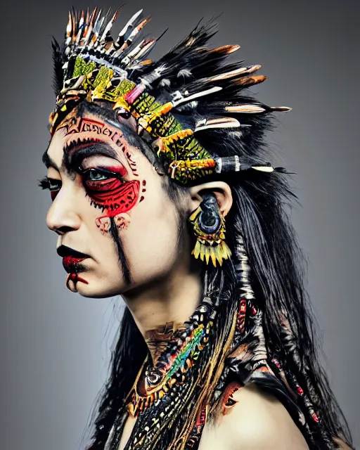 Image similar to photorealistic head and shoulders photo of beautiful female ornate fantasy indian tribal aztec warrior goddess, confident, minimal black skull warpaint, tattoos, Neil Blevins, James Paick, Natasha Tan Maciej Kuciara, Frank frazetta, arney freytag, Ritu Kumar, Sabyasachi Mukherjee, Magic the gathering,octane, bokeh, 8k, fashion pose, cinematic, 28mm