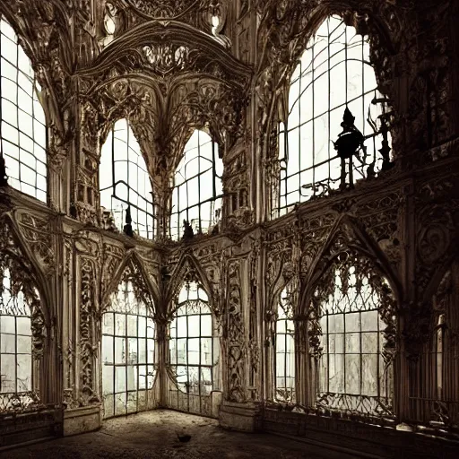 Prompt: white baroque gothic intricate cage with white peacock, matte painting, cinematic, epic composition, detailed, atmospheric, wide angle, artstation trending