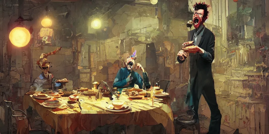 Image similar to cartoonish tom waits eating dinner, vivid colors, character sheet, fine details, concept design, contrast, kim jung gi, greg rutkowski, trending on artstation, 8 k, full body, turnaround, front view, back view, ultra wide angle