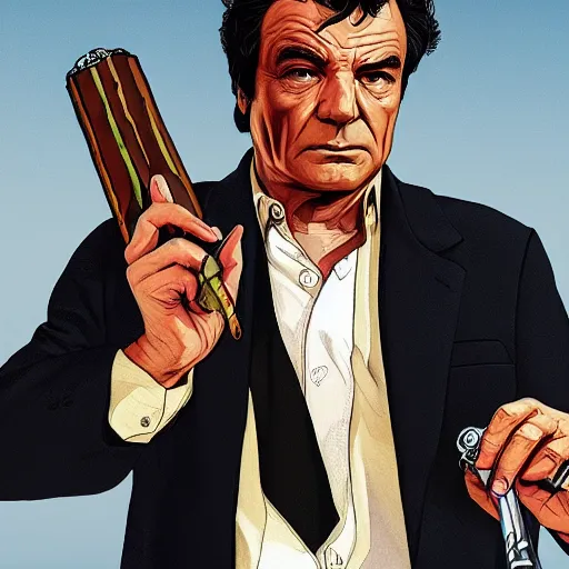 Image similar to GTAV cover art of Columbo holding a cigar