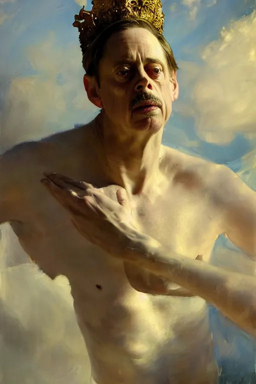 Image similar to beautiful detailed expressive impressionistic oil painting portrait of ancient roman god emperor steve buscemi levitating in angelic pose wearing the civic crown, art by anders zorn, wonderful masterpiece by greg rutkowski, expressive brush strokes, beautiful cinematic light, american romanticism by greg manchess, jessica rossier