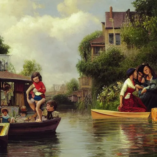 Prompt: The street art depicts a group of well-dressed women and children enjoying a leisurely boat ride on a calm day. The women are chatting and laughing while the children play with a toy boat in the foreground. figurativism by Daniel Ridgway Knights, by John Hejduk mournful