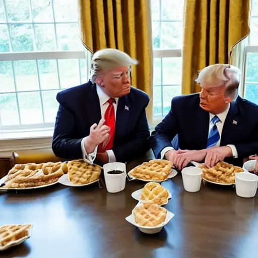 Image similar to photograph of trump and Biden sitting and eating breakfast at a Wafflehouse