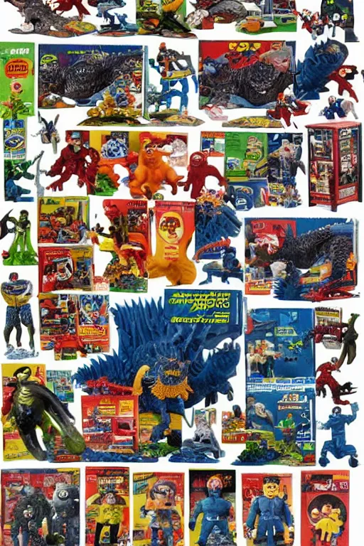 Prompt: sears wishbook page, kaiju action figures, playsets, 1980s