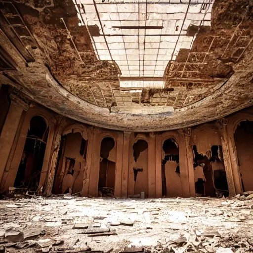 Prompt: a picture of a large abandoned theatre, it is a ruin, there are two male silhouettes, 50 mm, beautiful photograph