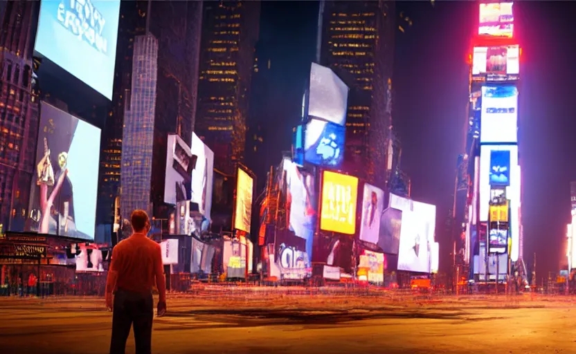 Prompt: a man standing in the middle of Times Square at night, a photorealistic painting by Gregory Crewdson, cgsociety, american scene painting, playstation 5 screenshot, matte painting, cryengine