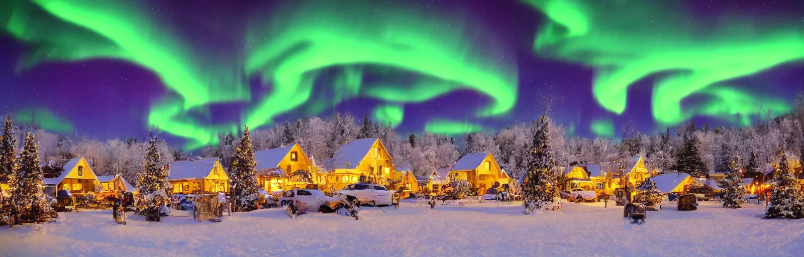 Prompt: small cozy village at Christmas night starry night aurora borealis nordic plaza