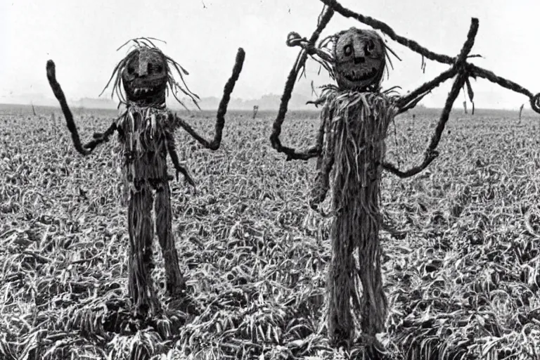 Prompt: horrifying 4 - armed scarecrow from the early 1 9 0 0's burning down the cornfields the cornfields