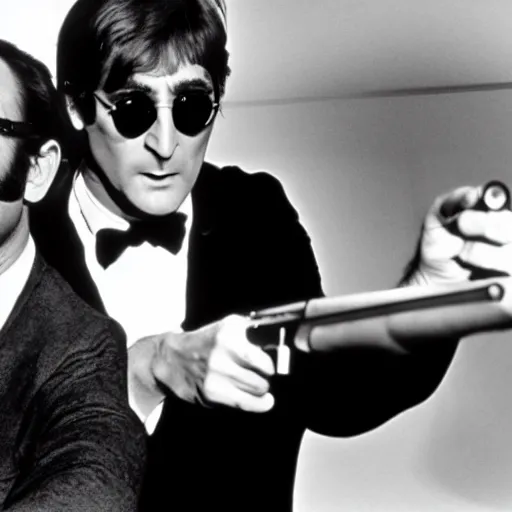 Prompt: john lennon pointing a gun at sean connery, james bond, film still