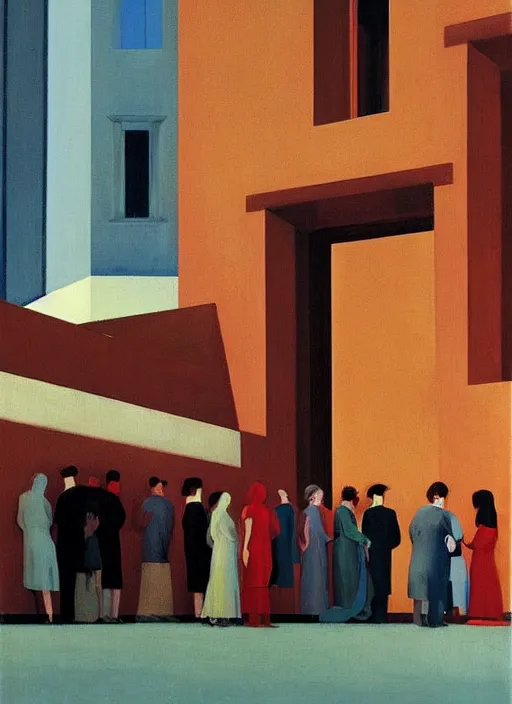 Image similar to crowd in line at art deco hospital painting by Edward Hopper and James Gilleard, Zdzislaw Beksinski highly detailed