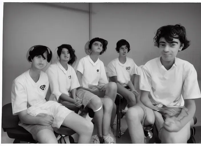 Prompt: realistic photo portrait of the university students wearing white shorts, dressed in white spherical helmets, sitting in a classroom, a cloud in the middle 1 9 9 0, life magazine reportage photo