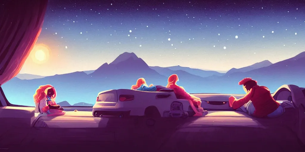 Prompt: a man and a woman sleeping in the car standing in mountains, stars shining, blue mountain lake. cute, illustration, digital art, inspired by little big planet, by greg rutkowski, detailed, sharp, masterpiece, highly detailed, photorealistic, octane render, 8 k, unreal engine 5, trending on artstation